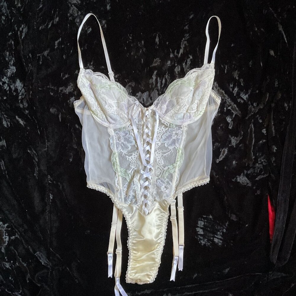 Ercante white floral lace garter teddy